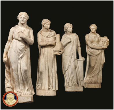 Le sculture recuperate, raffiguranti “Talia con cartiglio e cornucopia”, “Tersicore con la lira”, “Polimnia appoggiata a un tronco di colonna” e “Melpomene con maschera greca in mano”