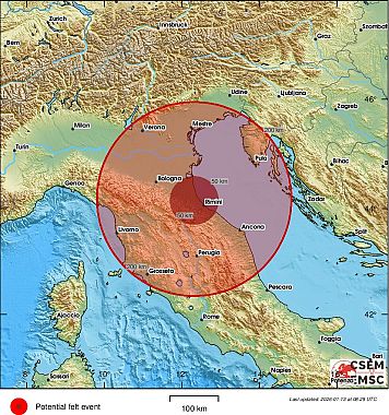 L'area in cui &egrave; stato avvertito il terremoto
