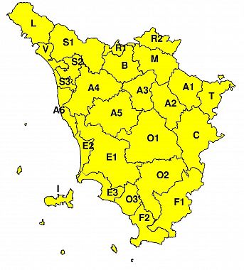 La mappa dell'allerta della Regione Toscana