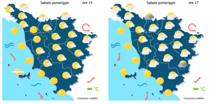 Le previsioni meteo del consorzio Lamma per il pomeriggio di sabato 11 Luglio mappa