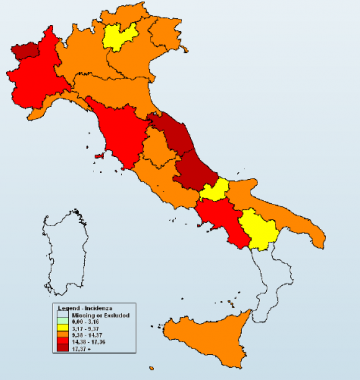 La mappa a colori del contagio da influenza (Fonte: Rapporto Influnet)